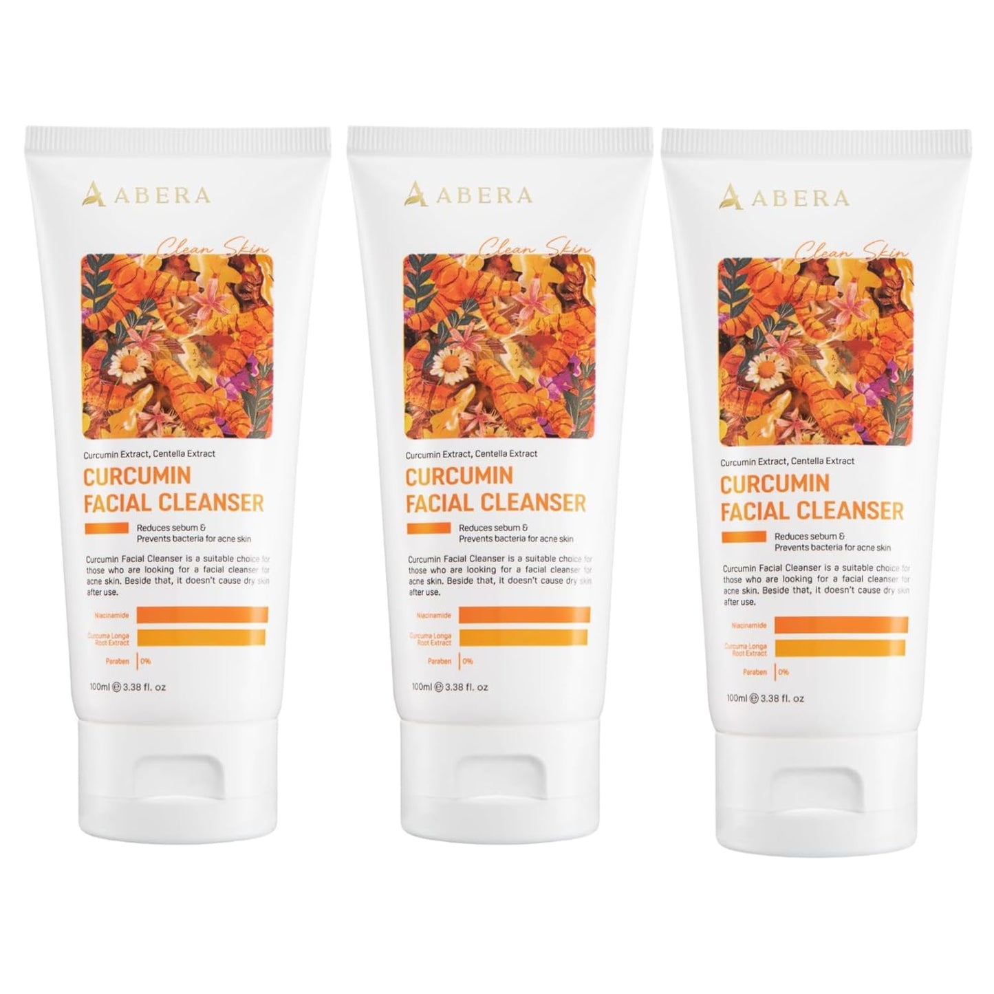 Abera Turmeric Face Wash for Acne-Prone & Sensitive Skin – 4-in-1 Curcumin Cleanser with Niacinamide, BHA & Centella – Gentle pH Balanced, Non-Comedogenic, Sulfate Free Facial Cleanser (3 BOXES)