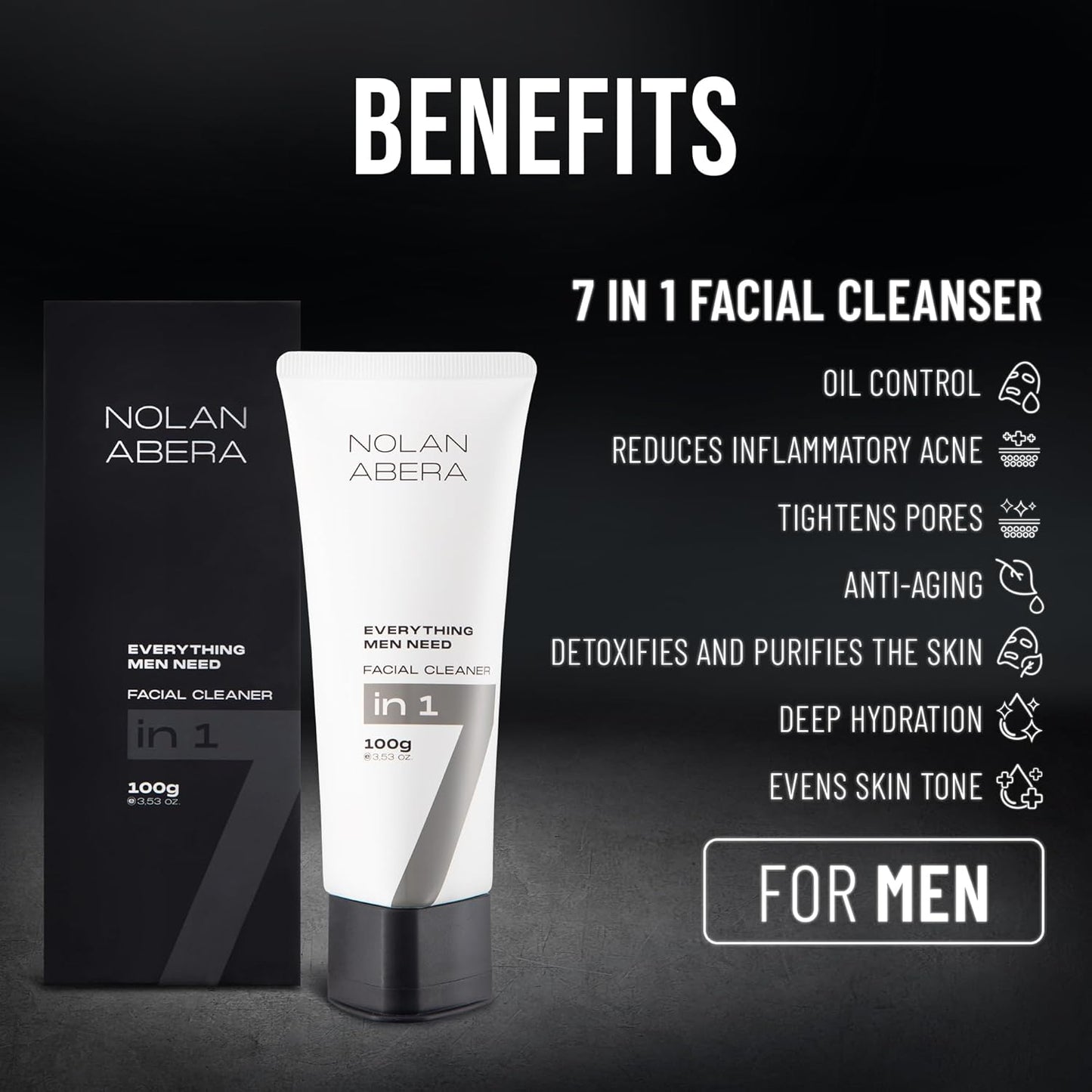 ABERA Nolan Daily Facial Cleanser for Men - Oil Control & Deep Cleansing, 3.53oz